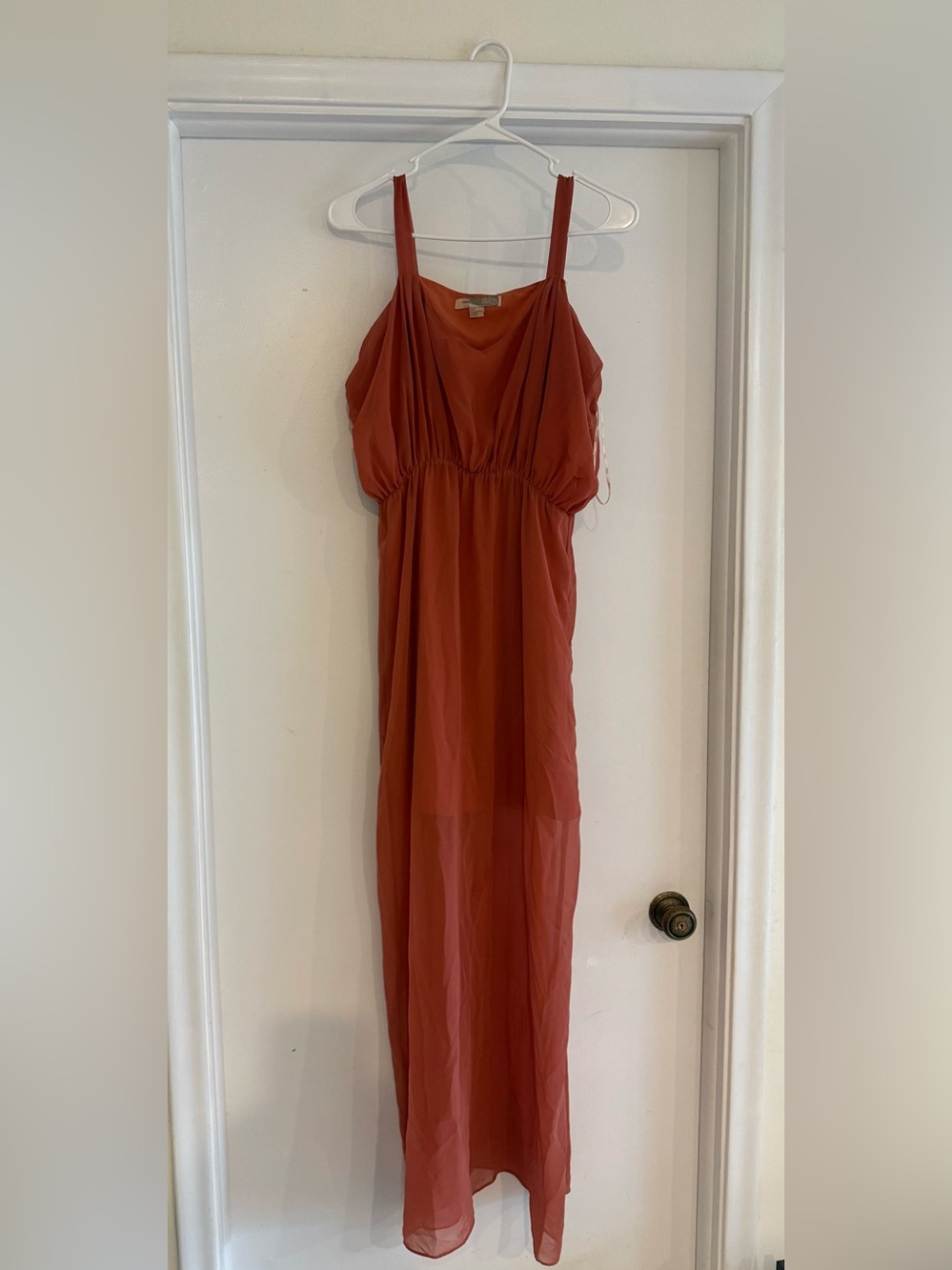 Forever 21 Rust Maxi Dress w/ Spaghetti Straps, sheer covering short slip.
